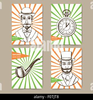 Sketch genteleman's set of posters in vintage style, vector. Man in hat, pocket watch, smoking pipe. Stock Vector