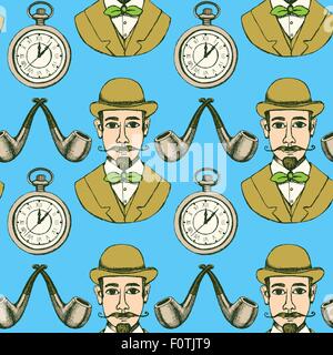 Sketch genteleman's seamless pattern in vintage style, vector. Man in hat, pocket watch, smoking pipe. Stock Vector