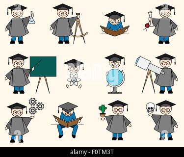 Bachelor icons and objects for high school and college education with teaching and learning. Reading, studying, measuring Stock Vector