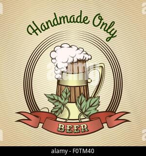 Beer Emblem in vintage style. Engraved wooden beer mug with hop leaves and ribbon. Colorful illustration. Only free font used. Stock Vector