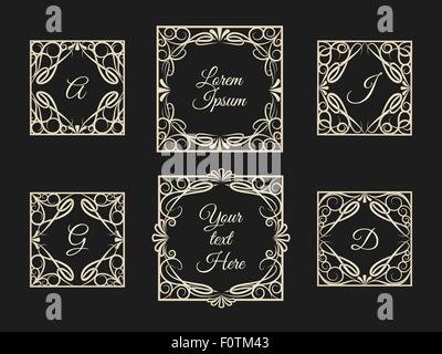 Set of calligraphic decorative vintage elements. Page decoration, antique and medieval frames with sample text and letters Stock Vector