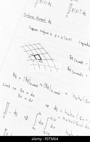 Surface integration equations and diagram for physics handwritten on lined paper Stock Photo