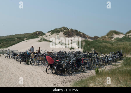 Bicycles on stands in the dunes of Bergen, Netherlands Stock Photo