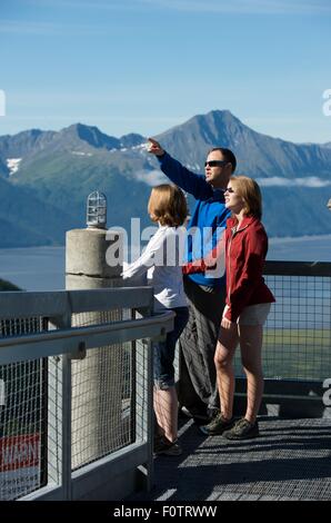 Tourists looking at view from Roundhouse observation deck, Alyeska Resort, Girdwood, Alaska, USA Stock Photo