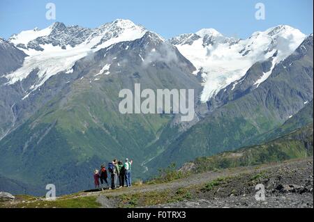 Group of people looking at view, Mighty Might Trail, Alyeska Resort, Winner Creek Valley, Turnagain Arm, Girdwood, Alaska, USA Stock Photo