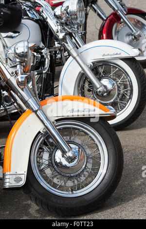 Harley Davidson 'heritage softtail' motorcycle front wheels. Brooklands, Weybridge, Surrey, England Stock Photo