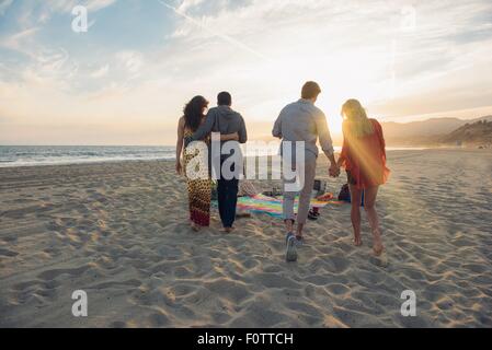 Two young couples walking along beach, rear view Stock Photo