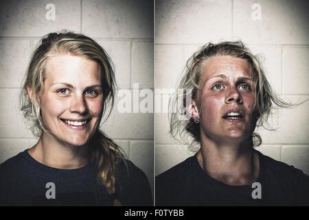 Portraits of blond young woman before and after workout Stock Photo