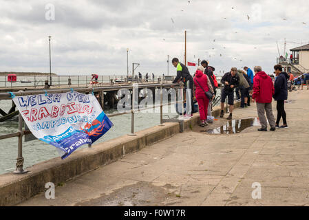 Families gather at the quayside to watch or participate in the Welsh open crabbing championship in Aberdyfi Wales. Stock Photo