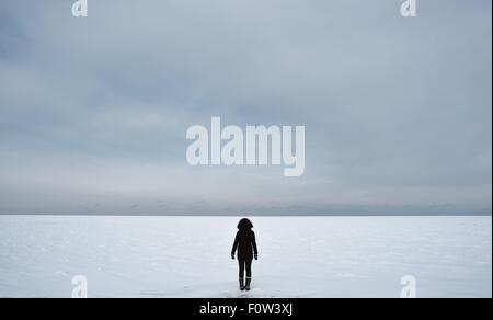 Back view of woman on winter landscape Stock Photo