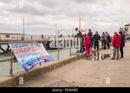 Families gather at the quayside to watch or participate in the Welsh open crabbing championship in Aberdyfi Wales. Stock Photo