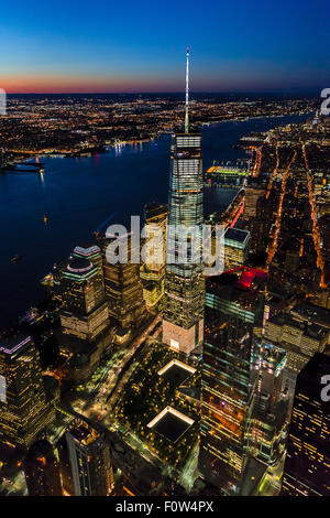 Aerial View to One World Trade Center WTC coined the Freedom Tower and the 911 Memorial Reflecting Pools. Stock Photo