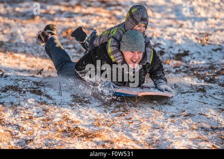 Portrait of smiling father and son sledging downhill in the snow Stock Photo