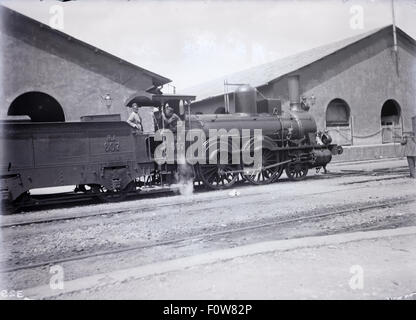 Antique c1910 photograph of a 2-4-0T tank locomotive, designated RA607 possibly for Richmond & Alleghany Railroad, with water tank and sandbox. Location unknown, USA. Stock Photo