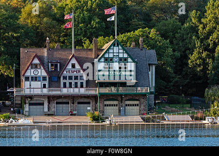 View to the Vesper and Malta Boat Clubs boat house located at #9 Boathouse Row in the historic Boathouse Row in Philadelphia, Pennsylvania Stock Photo