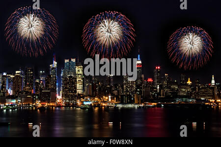 Macy's specatacular Fireworks Display along the Hudson River with the NYC skyline as a backdrop.