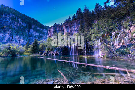 Hanging Lake at Night lid by a moonlight, Glenwood Canyon Colorado Stock Photo