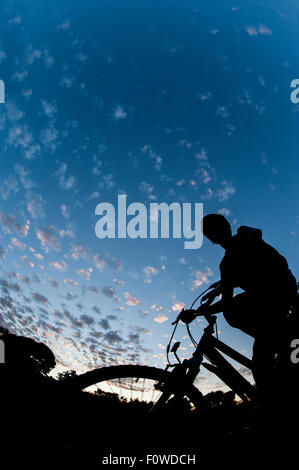 A boy rides his bike, towards the camera, silhouetted against a summer sunset