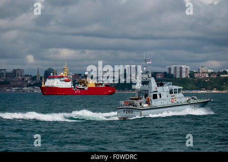 HMS Protector is a Royal Navy ice patrol ship built in Norway in 2001. As MV Polarbjørn she operated under charter as a polar research icebreaker Stock Photo