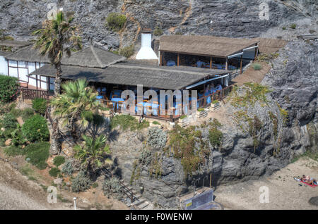 View of La Cala cliff top restaurant and Cala del Barco Bay at La Manga Club Resort, Murcia, Spain Stock Photo