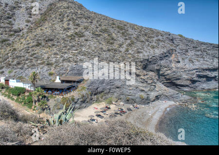 View of La Cala cliff top restaurant and Cala del Barco Bay at La Manga Club Resort, Murcia, Spain Stock Photo