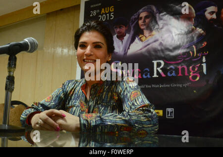 Pakistani famous movie actress, Resham gestures during the press conference of her upcoming movie, 'Swaa Rangi' at Lahore Press Club. ( Photo by Rana Sajid Hussain) Stock Photo