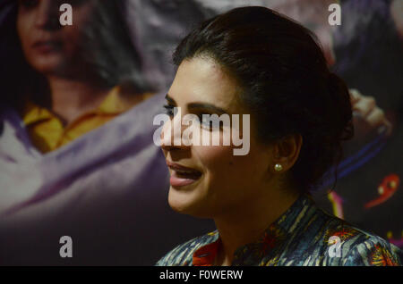 Pakistani famous movie actress, Resham gestures during the press conference of her upcoming movie, 'Swaa Rangi' at Lahore Press Club. ( Photo by Rana Sajid Hussain) Stock Photo