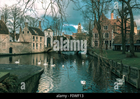 Landscape at Lake Minnewater in Bruges, Belgium Stock Photo