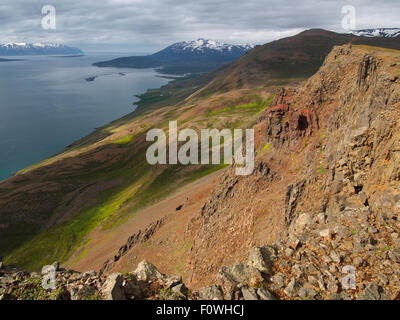 View across Eyjafjörður from Ystuvíkurfjall, near Akureyri Iceland Stock Photo