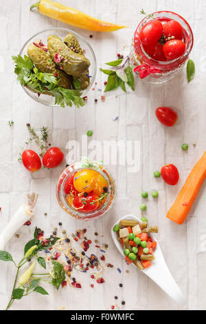 Pickled Vegetables. Vegetable being prepared for preserving, top view Stock Photo