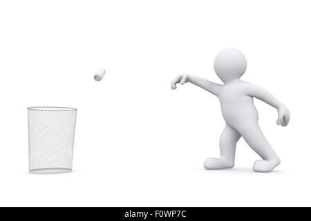 3d white man throwing can in garbage, isolate on white with clipping path. Stock Photo