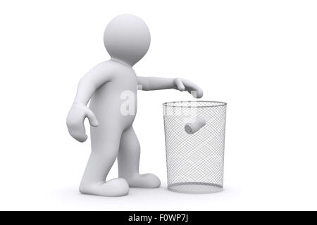 3d white man throwing can in garbage, isolate on white with clipping path. Stock Photo