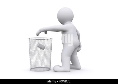 3d white man throwing can in garbage, isolate on white with clipping path. Stock Photo