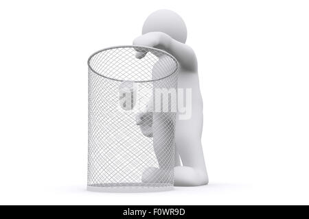 3d white man throwing can in garbage, isolate on white with clipping path. Stock Photo