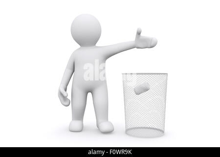 3d white man throwing can in garbage, isolate on white with clipping path. Stock Photo