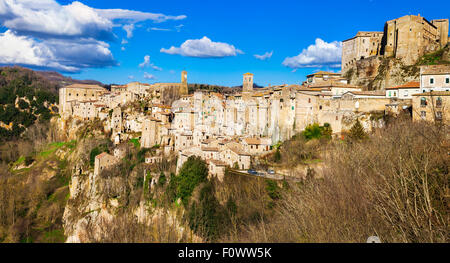 medieval hill top town in tuff rocks Sorano in Tuscany Stock Photo