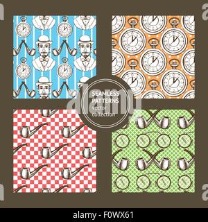 Sketch genteleman's set of seamless pattern in vintage style, vector. Man in hat, pocket watch, smoking pipe, glasses. Stock Vector