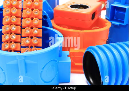 Electrical boxes and components for use in electrical installations, accessories for engineering jobs Stock Photo