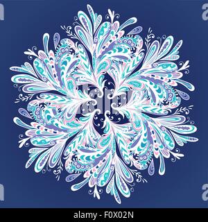 Creative Christmas blue background with ornamental swirl snowflake for card design Stock Vector