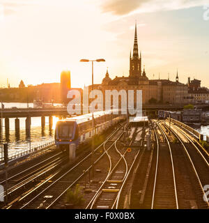 Railway tracks and trains in Stockholm, Sweden. Stock Photo