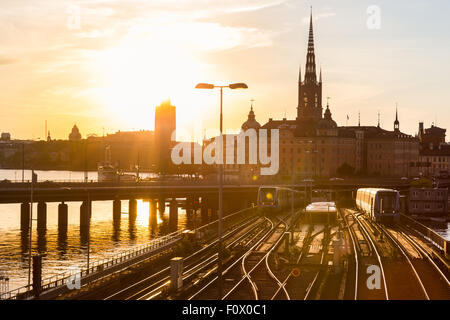 Railway tracks and trains in Stockholm, Sweden. Stock Photo