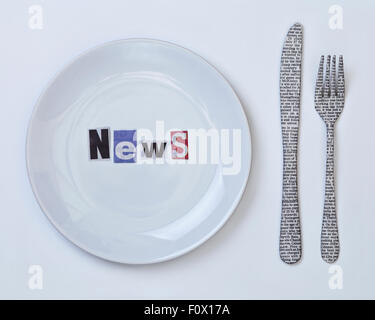 Breakfast News Concept : Cutout News Served on White Plate Composed with Knife and Fork Covered with Newspaper Text Stock Photo