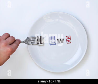 Serving News Concept : Cutout News Word on White Plate Composed and Letter N on Fork Covered with Newspaper Text Stock Photo