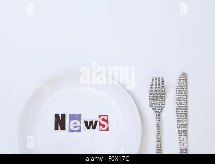News Concept : Cutout News Letters Displayed on White Plate Composed with Knife and Fork Covered with Newspaper Text Stock Photo