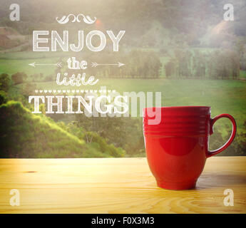 Enjoy the Little Things text on rural background, wake up and smell the coffee Stock Photo