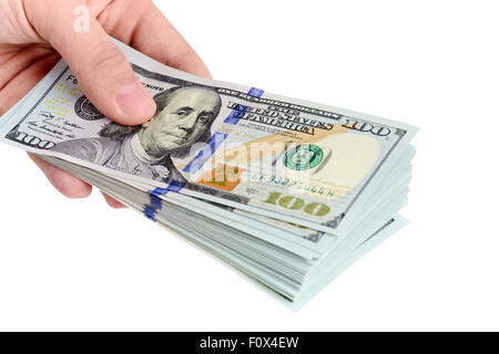 Image of hand holding 100 Dollar bills isolated on white Stock Photo