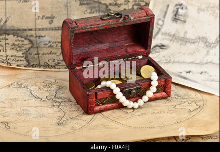 treasure map on old paper with vintage chest Stock Photo