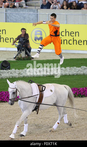 Aachen, Germany. 22nd Aug, 2015. Gold medal winner Jannis Drewell of Germany performs in the Male Vaulters Final Freestyle Test during the FEI European Championships in Aachen, Germany, 22 August 2015. Photo: Friso Gentsch/dpa/Alamy Live News Stock Photo