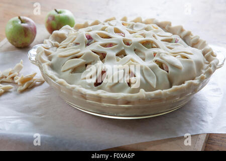 home made apple pie with lattice crust before baking Stock Photo