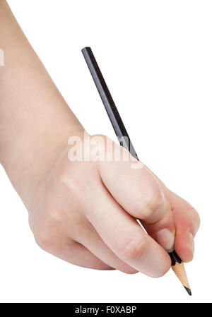 hand writes by black pencil on sheet of paper isolated on white ...